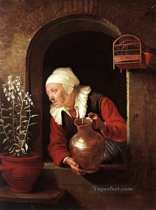 Anciana regando flores Edad de oro Gerrit Dou Pintura al óleo